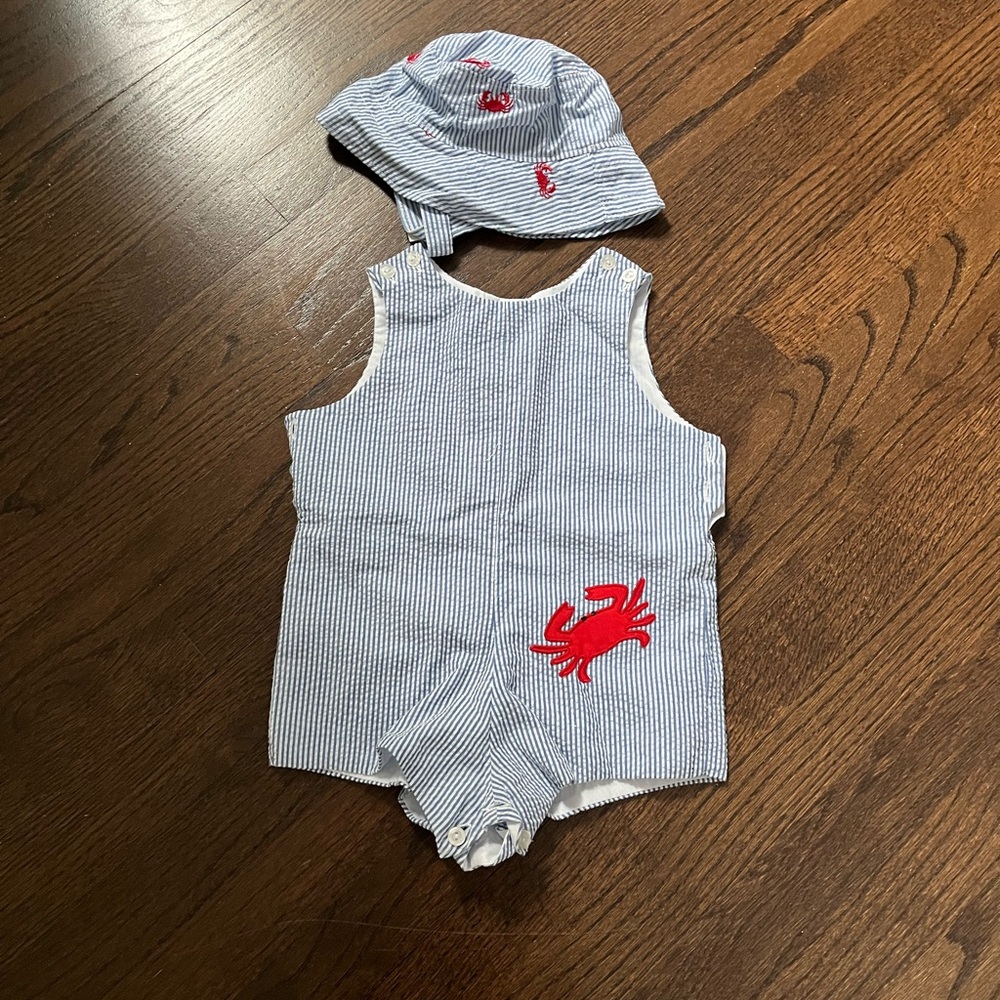 Seersucker crab romper and matching hat